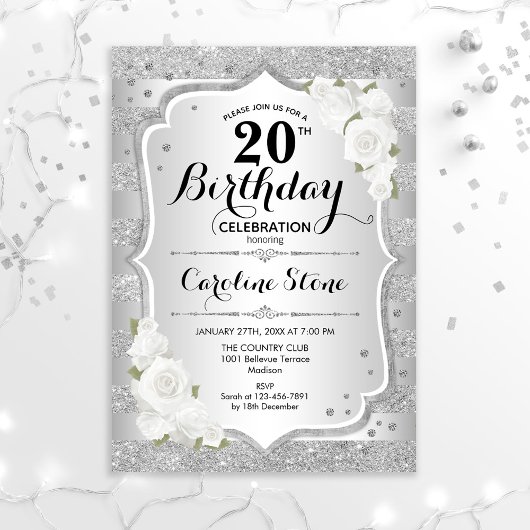 Invitation 20e anniversaire - Argent rayures Roses blanches