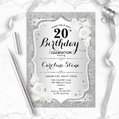 Invitation 20e anniversaire - Argent rayures Roses blanches