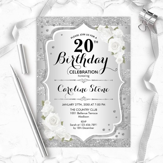 Invitation 20e anniversaire - Argent rayures Roses blanches