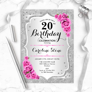 Invitation 20e anniversaire - Argent rayures roses roses rose