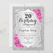 Invitation 20e anniversaire - Argent rayures roses roses rose (Devant)