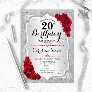 Invitation 20e anniversaire - Argent rayures Roses rouges