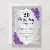 Invitation 20e anniversaire - Argent Stripes Roses violets (Devant)