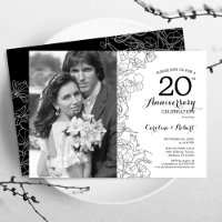 20e Anniversaire Avec Photo - Floral Noir Blanc