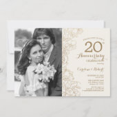 Invitation 20e anniversaire avec photo - Floral or et ivoire (Devant)