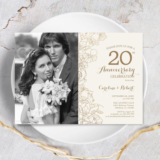 Invitation 20e anniversaire avec photo - Floral or ivory gold
