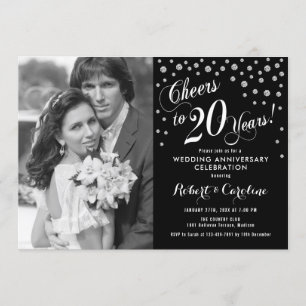 Invitation 20e anniversaire avec photo - Noir et blanc argent