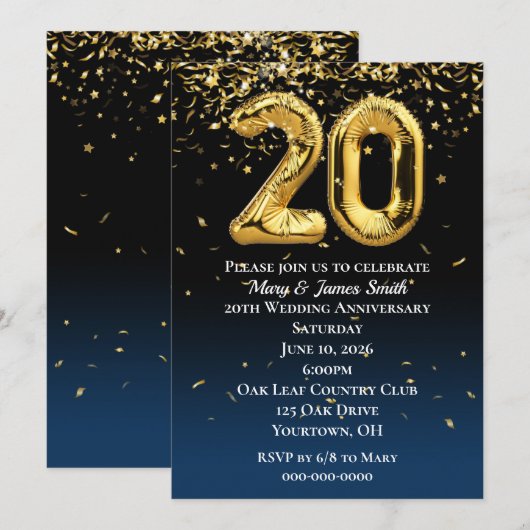 Invitation 20e Anniversaire Ballons d'or et Confetti Invita (Devant / Derrière)