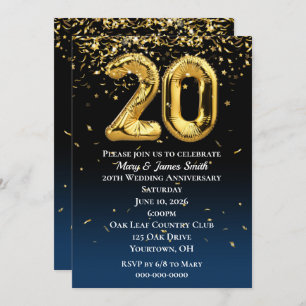 Invitation 20e Anniversaire Ballons d'or et Confetti Invita