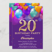 Invitation 20e anniversaire Ballons violets et dorés (Devant / Derrière)