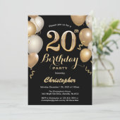 Invitation 20e anniversaire Black and Gold Balloons Confetti (Debout devant)