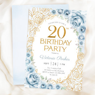 Invitation 20e Anniversaire Bleu Poussiéreux Or Floral Fémini