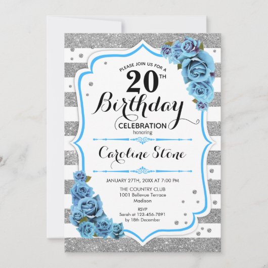 Invitation 20e anniversaire - Bleu Silver White Stripes (Devant)
