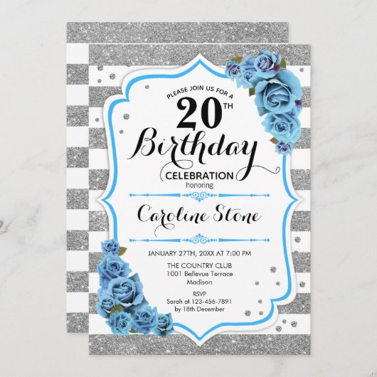 Invitation 20e anniversaire - Bleu Silver White Stripes (Devant / Derrière)