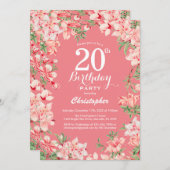 Invitation 20e anniversaire Boho rose fleurs botaniques flora (Devant / Derrière)