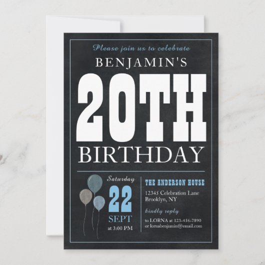 Invitation 20e anniversaire Chalkboard Blue Balloon Rustic Ch (Devant)