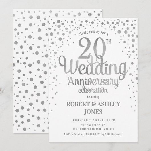 Invitation 20e anniversaire de mariage - Argent & Blanc (Devant / Derrière)