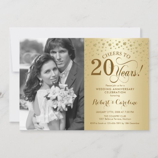 Invitation 20e anniversaire de mariage avec photo - Or (Devant)