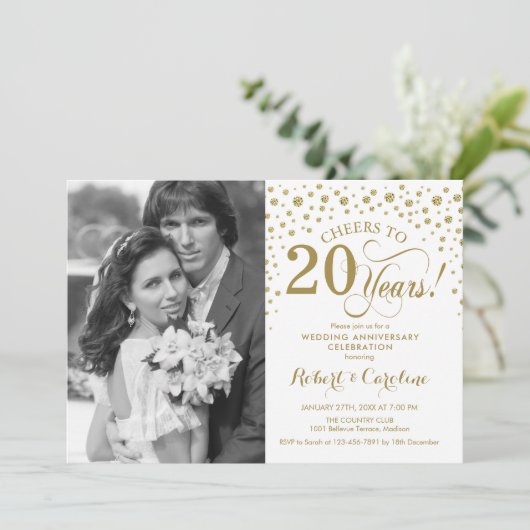 Invitation 20e anniversaire de mariage avec photo - Or Blanc (Debout devant)