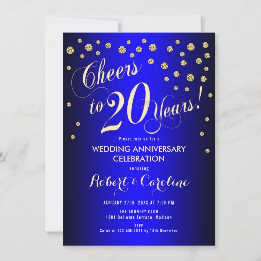 Invitation 20e anniversaire de mariage - Bleu royal et or (Devant)