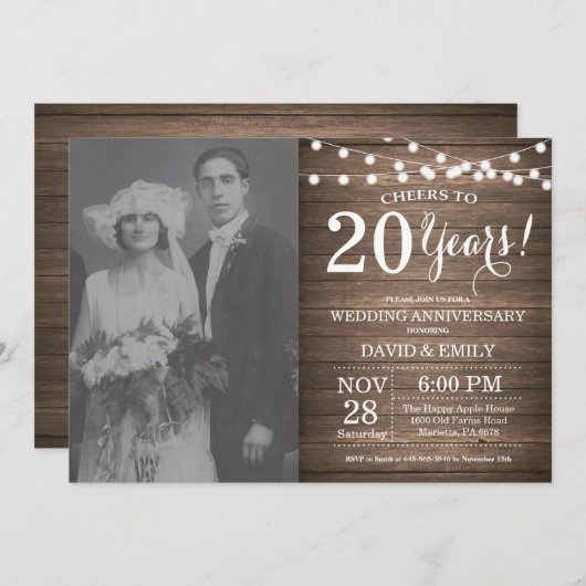 Invitation 20e Anniversaire de Mariage Bois Rustique (Devant / Derrière)