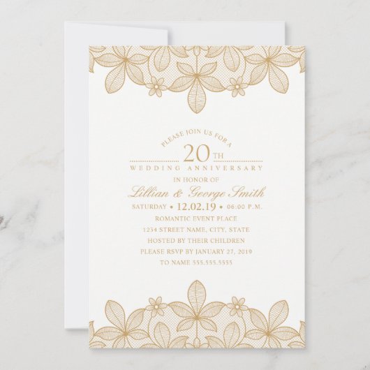 Invitation 20e anniversaire de mariage élégant lace doré (Devant)