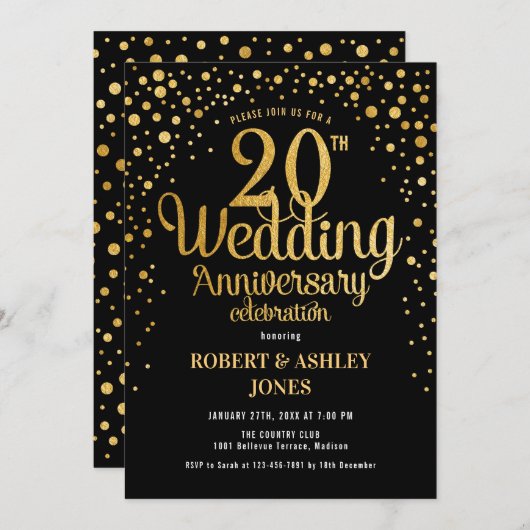 Invitation 20e anniversaire de mariage - Noir et or (Devant / Derrière)