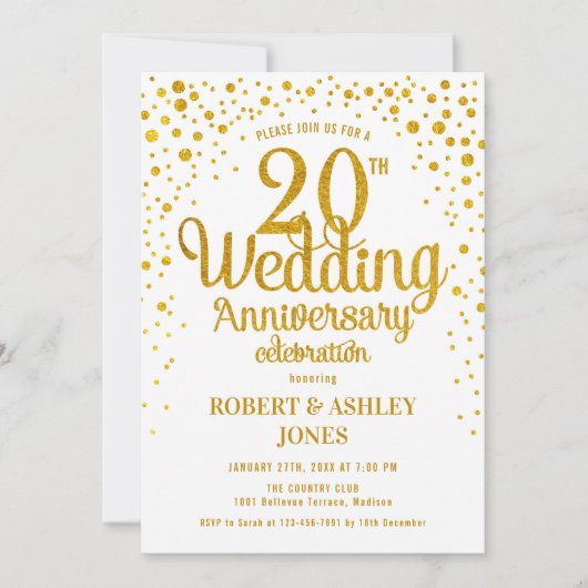 Invitation 20e anniversaire de mariage - Or et blanc (Devant)