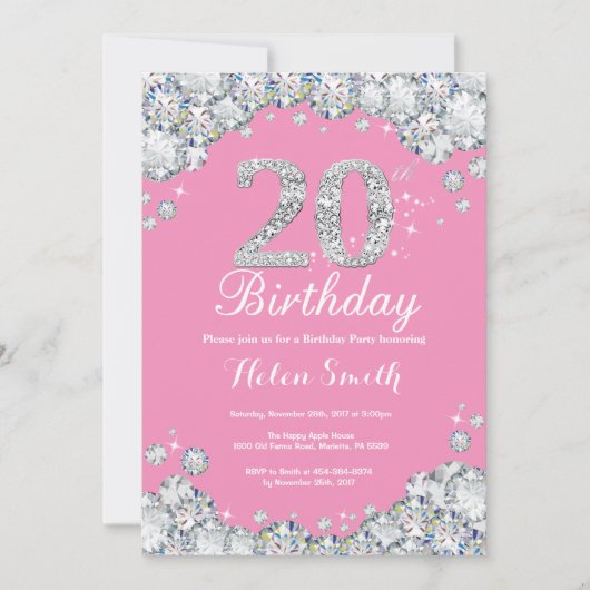 Invitation 20e anniversaire Diamant rose et argent (Devant)