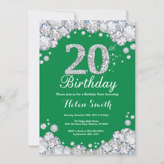 Invitation 20e anniversaire Diamant vert et argent (Devant)