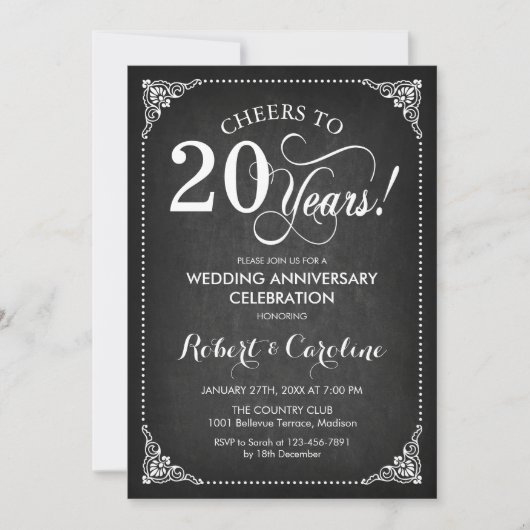 Invitation 20e anniversaire du Mariage - Chalkboard White (Devant)