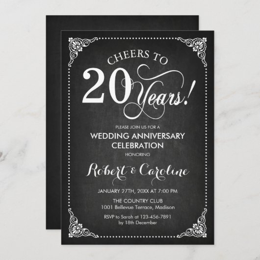 Invitation 20e anniversaire du Mariage - Chalkboard White (Devant / Derrière)