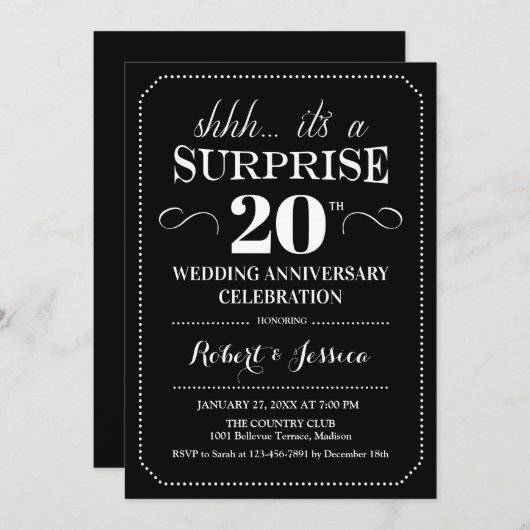 Invitation 20e anniversaire du Mariage surprise - Blanc noir (Devant / Derrière)