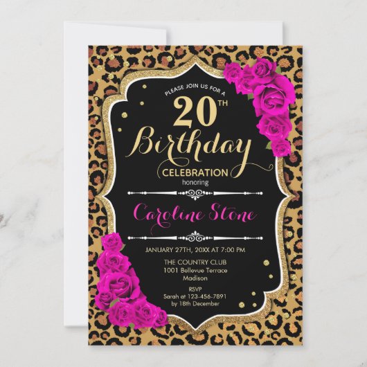 Invitation 20e anniversaire - Empreinte de léopard Roses rose (Devant)
