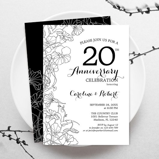 Invitation 20e anniversaire - Fleurs noires et bla