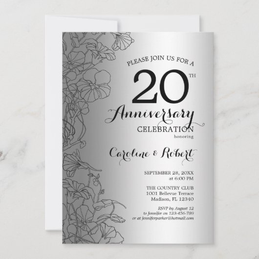 Invitation 20e anniversaire floral noir argent (Devant)