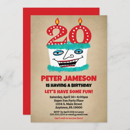 Invitation 20e anniversaire Funny Cake Décontracté (Devant / Derrière)