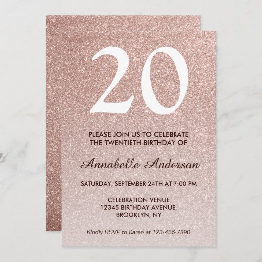 Invitation 20e anniversaire Glam Rose Rose Gold Parties scint (Devant / Derrière)
