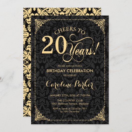 Invitation 20e anniversaire - Gold Black Damask (Devant / Derrière)