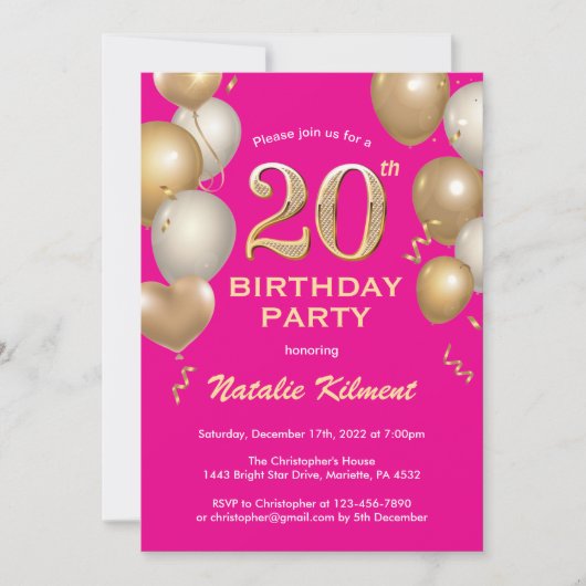 Invitation 20e anniversaire Hot Pink et Gold Parties scintill (Devant)