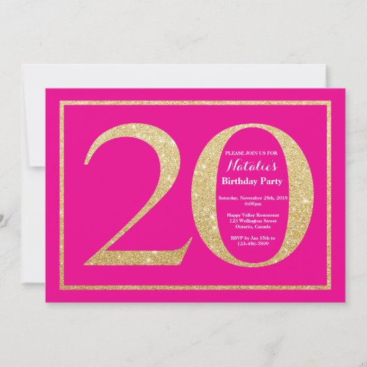 Invitation 20e anniversaire Hot rose et Parties scintillant o (Devant)
