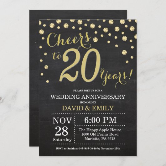 Invitation 20e anniversaire Mariage Chalkboard noir et or (Devant / Derrière)