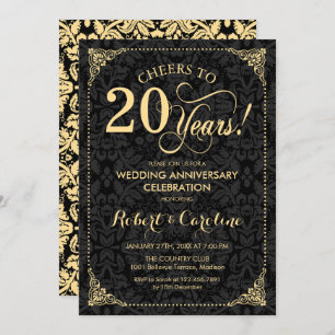 Invitation 20e anniversaire Mariage - Damas noir d'or