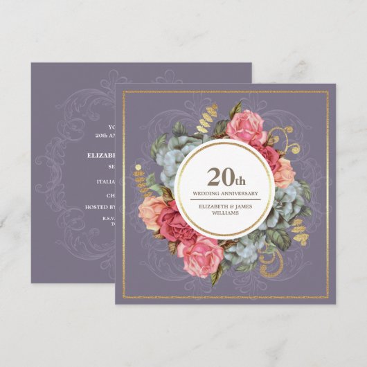 Invitation 20e anniversaire Mariage fête Vintage Florale (Devant / Derrière)
