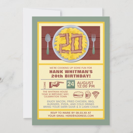 Invitation 20e anniversaire Mens Funny Bacon Eggs Thème (Devant)