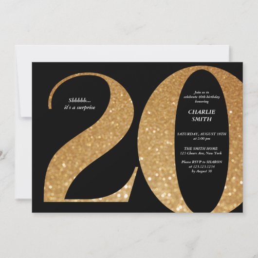 Invitation 20e anniversaire moderne minimaliste noir et or (Devant)