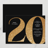 Invitation 20e anniversaire moderne minimaliste noir et or (Devant / Derrière)