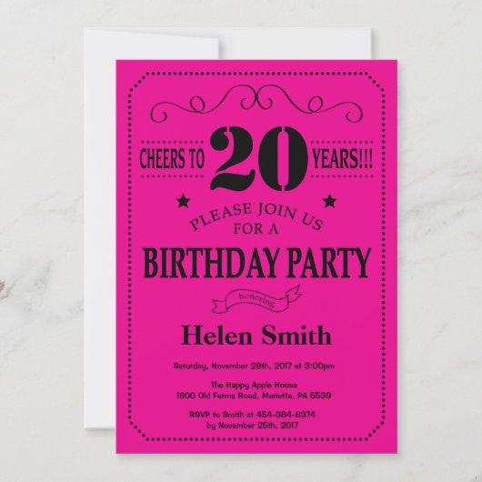Invitation 20e anniversaire Noir et rose chaud (Devant)