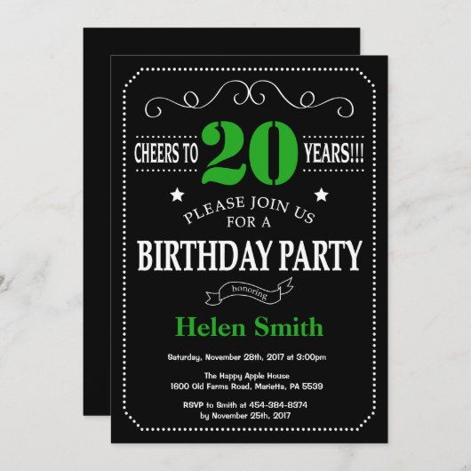 Invitation 20e anniversaire Noir et Vert Chalkboard (Devant / Derrière)