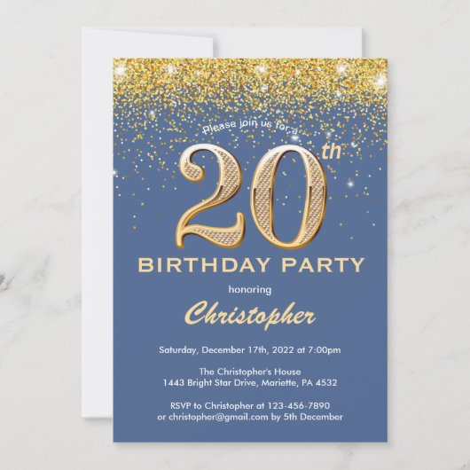 Invitation 20e anniversaire Parties scintillant bleue et or C (Devant)